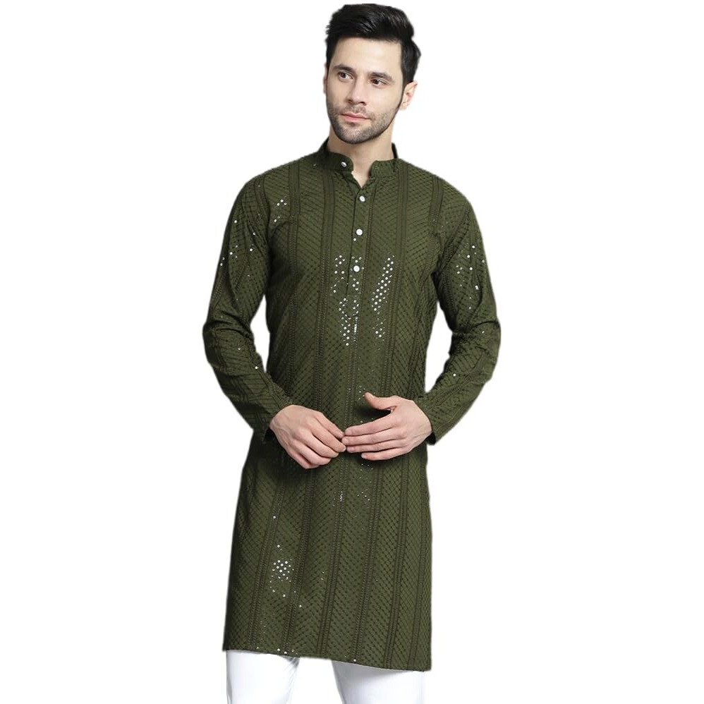 Jompers Men's Sequins Chikankari Embroidered Kurtas (Mehndi, M)