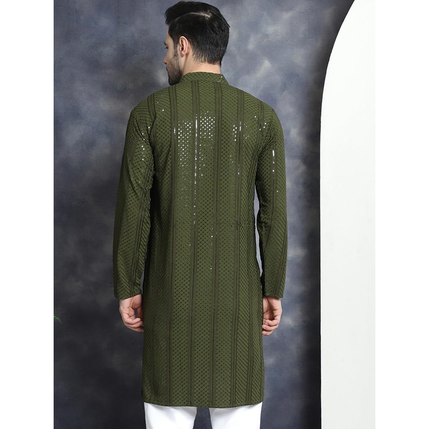 Jompers Men's Sequins Chikankari Embroidered Kurtas (Mehndi, M)