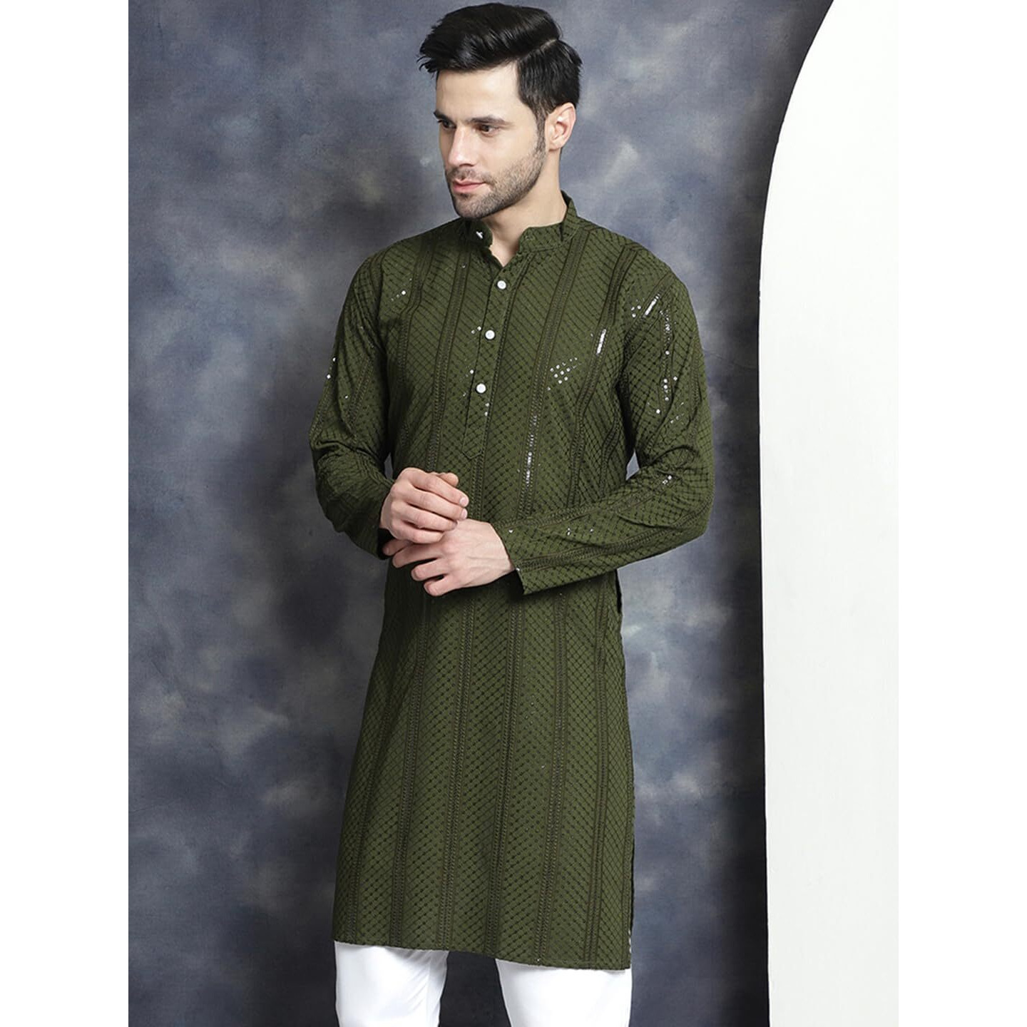 Jompers Men's Sequins Chikankari Embroidered Kurtas (Mehndi, M)