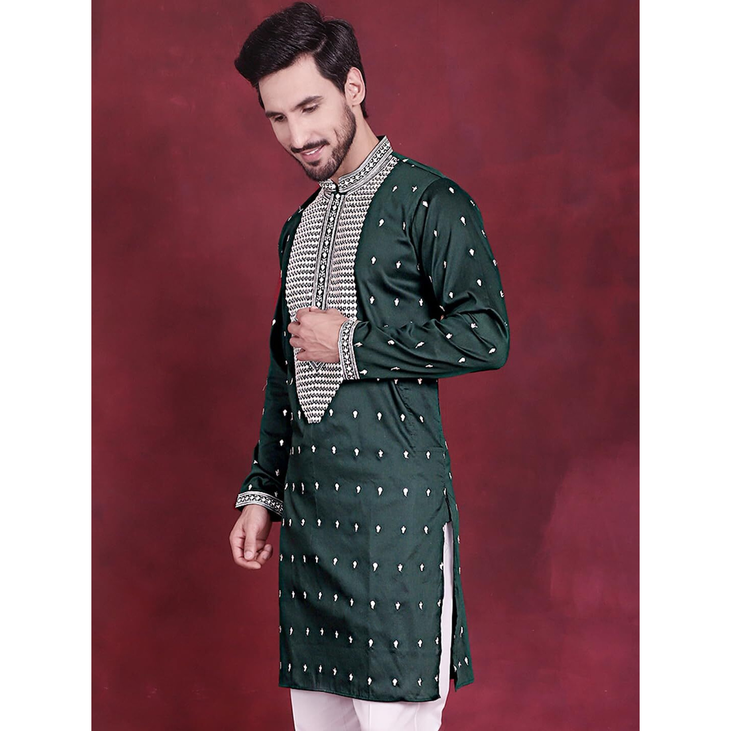 Jompers Mens Sequins Embroidered Kurtas (Olive, Xl)