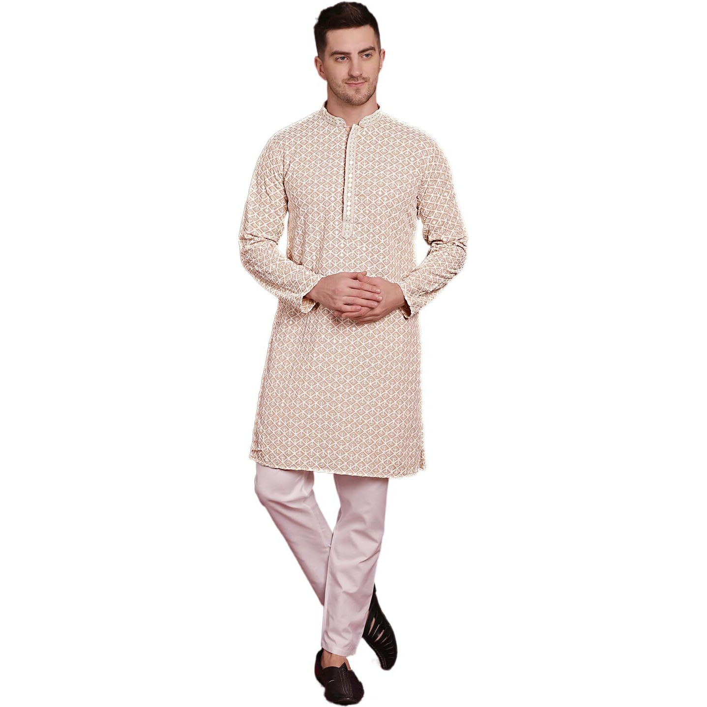 Jompers Men's Beige Sequin Embroidered Pure Cotton Kurta With Pyjama (Beige, Xxl)