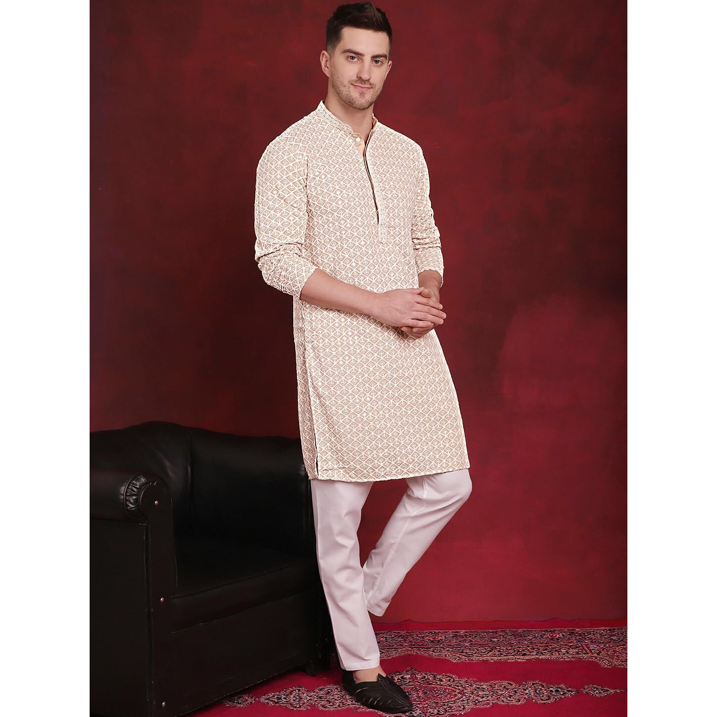 Jompers Men's Beige Sequin Embroidered Pure Cotton Kurta With Pyjama (Beige, Xxl)