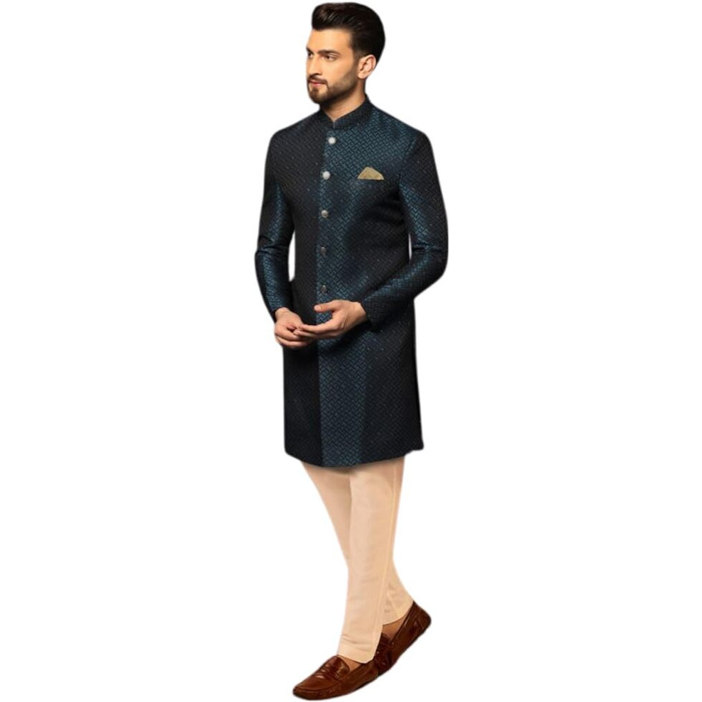 Kisah Men's Indo-Western Sherwani Trouser Set, Navy Blue Cotton, Jacquard Regular Fit Mandarin Collar Long Sleeves (L)