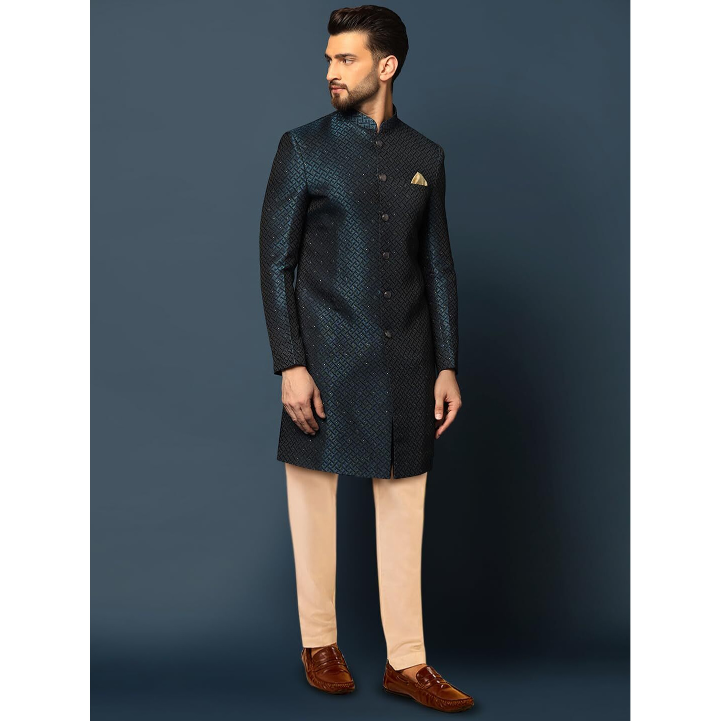 Kisah Men's Indo-Western Sherwani Trouser Set, Navy Blue Cotton, Jacquard Regular Fit Mandarin Collar Long Sleeves (L)