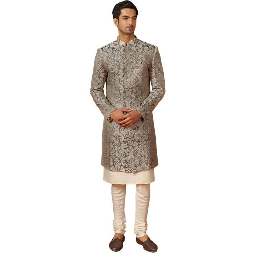 Kisah Mens Kurta Sherwani Churidar Set, Silk Blend Woven Design Pattern Grey Kurta Indo-Western Set For Men, 40