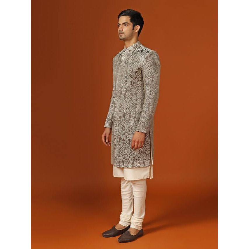 Kisah Mens Kurta Sherwani Churidar Set, Silk Blend Woven Design Pattern Grey Kurta Indo-Western Set For Men, 40