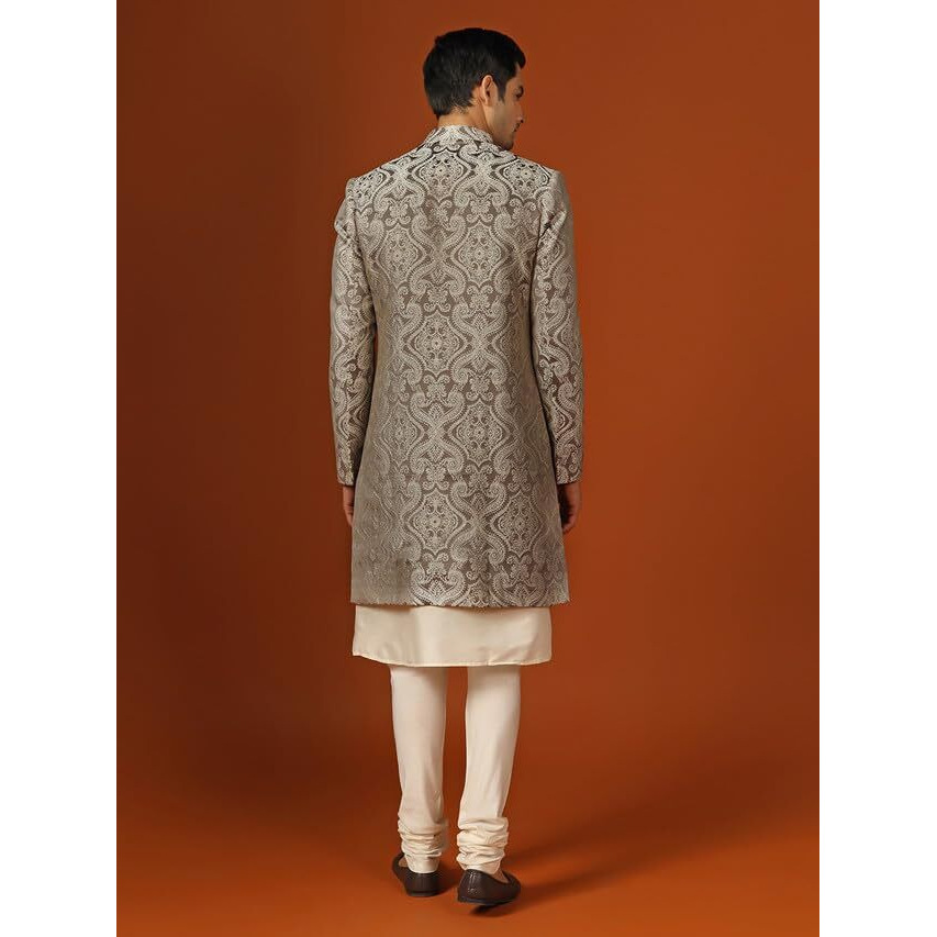 Kisah Mens Kurta Sherwani Churidar Set, Silk Blend Woven Design Pattern Grey Kurta Indo-Western Set For Men, 40