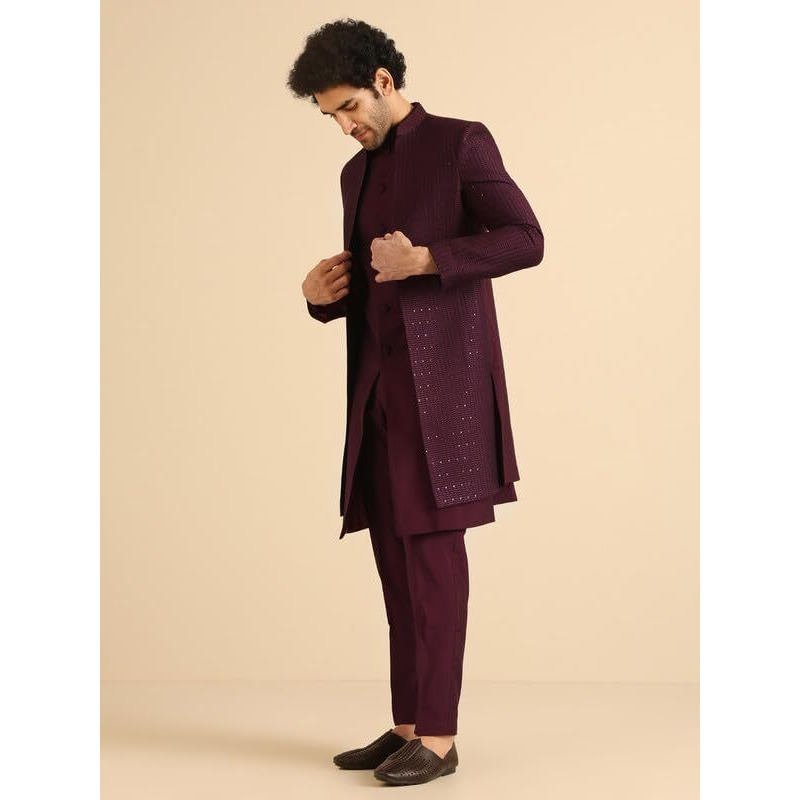 Kisah Men's Indo-Western Waistcoat Sherwani Trouser Set, Wine Blended, Embellished Regular Fit Mandarin Collar Long Sleeves (38)