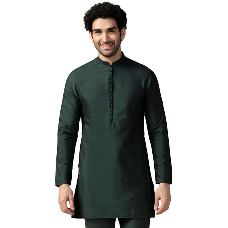 Kisah Men's Kurta, Bottle Green Cotton Blend, Solid Regular Fit Mandarin Collar Long Sleeves (42)