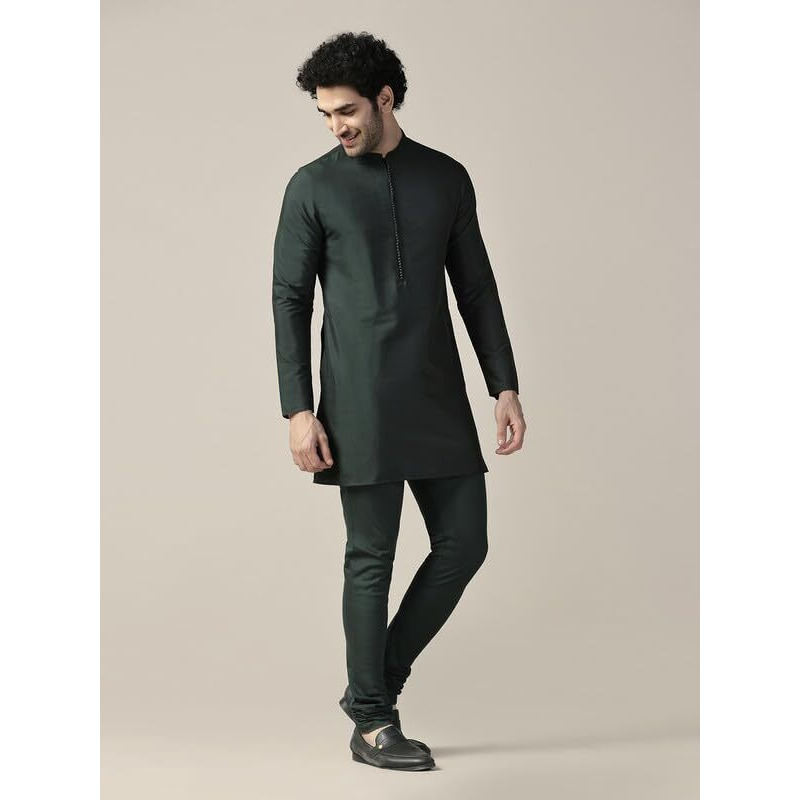 Kisah Men's Kurta, Bottle Green Cotton Blend, Solid Regular Fit Mandarin Collar Long Sleeves (42)