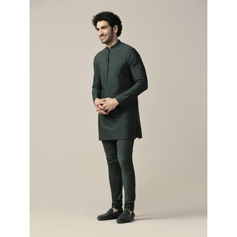 Kisah Men's Kurta, Bottle Green Cotton Blend, Solid Regular Fit Mandarin Collar Long Sleeves (42)