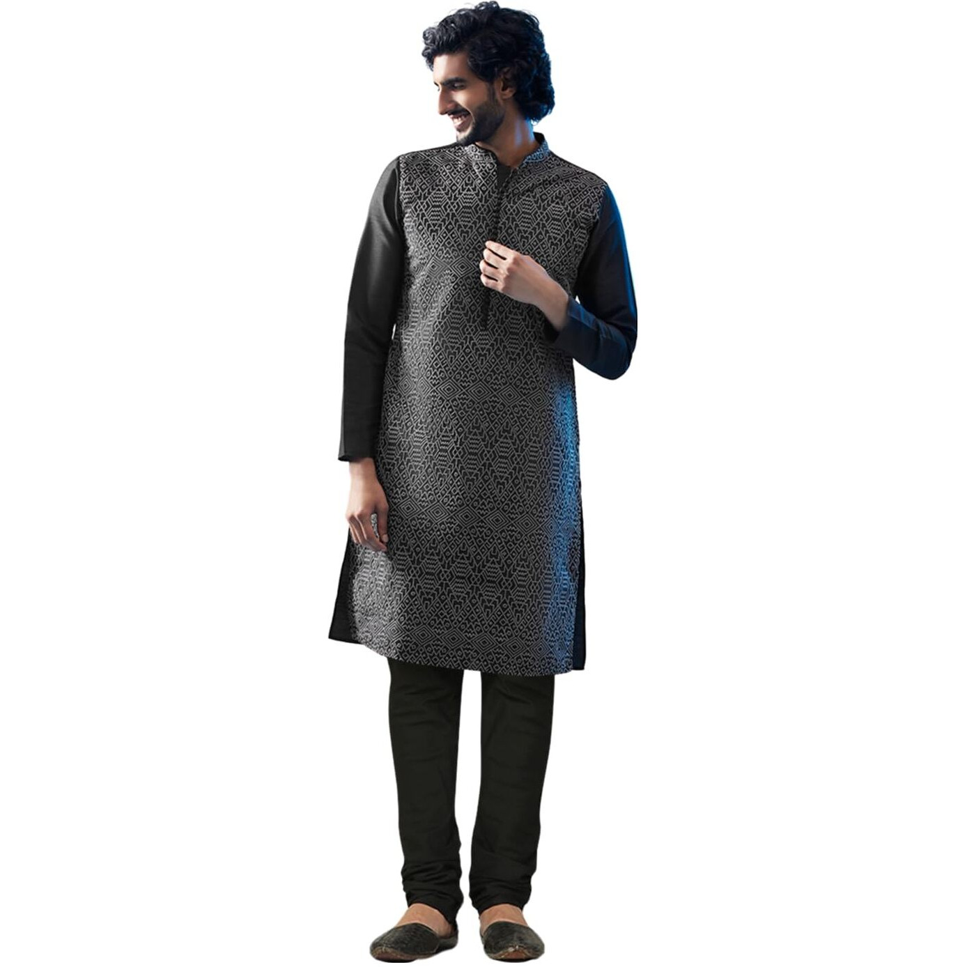 Kisah Men's Kurta Churidar Set, Black Art Silk, Embroidered Regular Fit Mandarin Collar Long Sleeves (S)