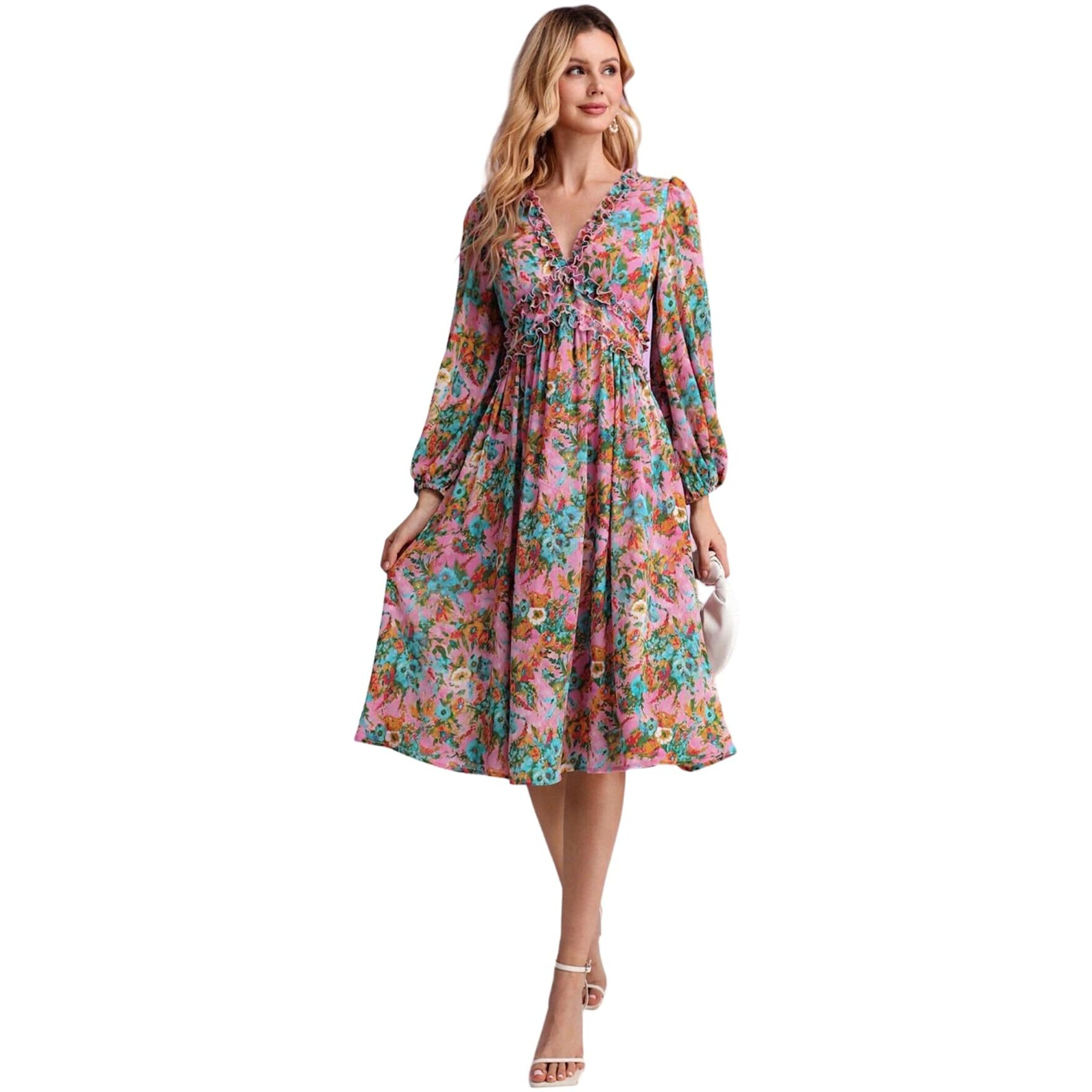 Kotty Women's Fit And Flare V Neck Dress(Multicolored,L)