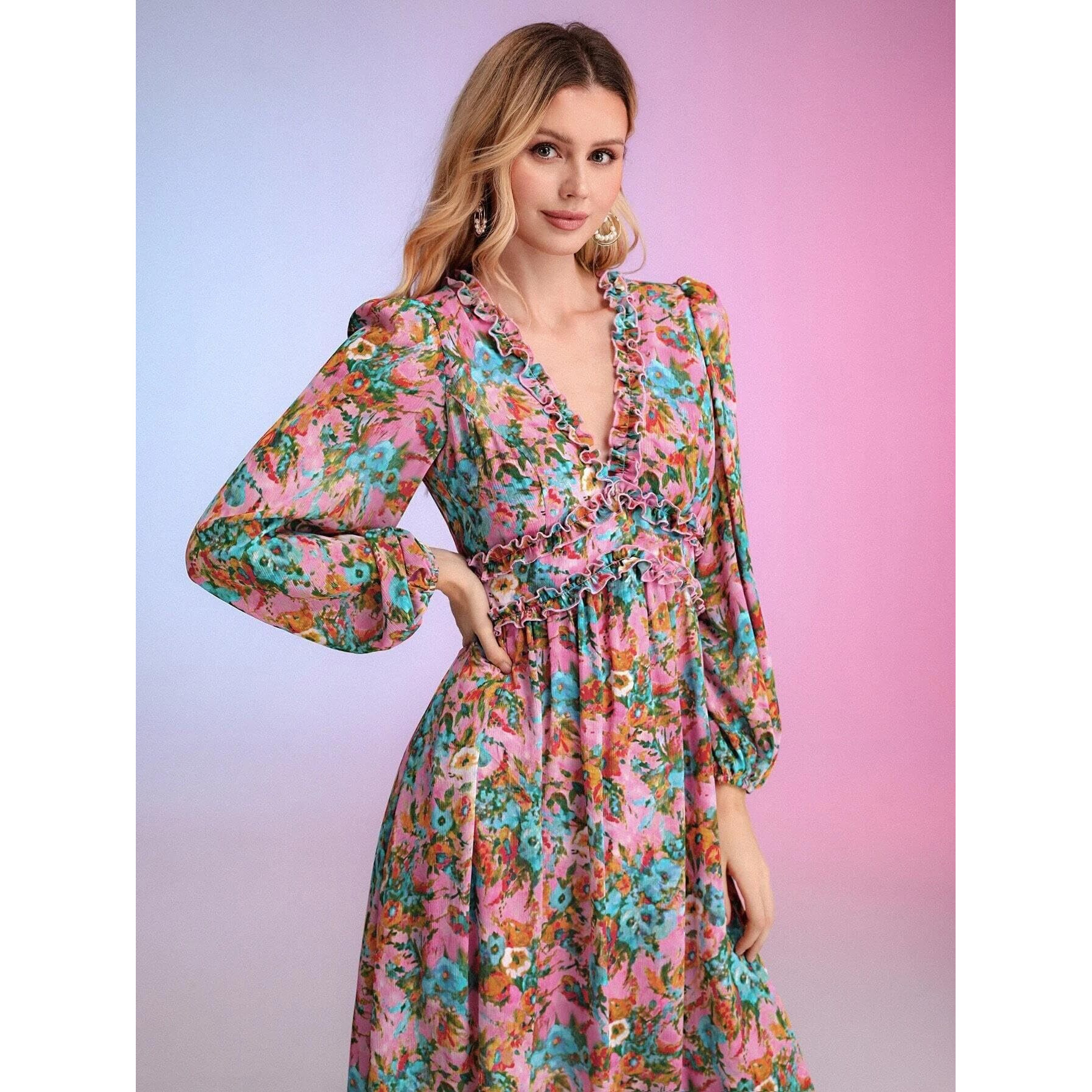 Kotty Women's Fit And Flare V Neck Dress(Multicolored,L)