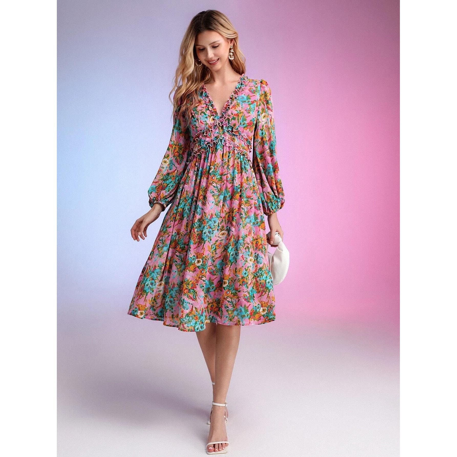 Kotty Women's Fit And Flare V Neck Dress(Multicolored,L)