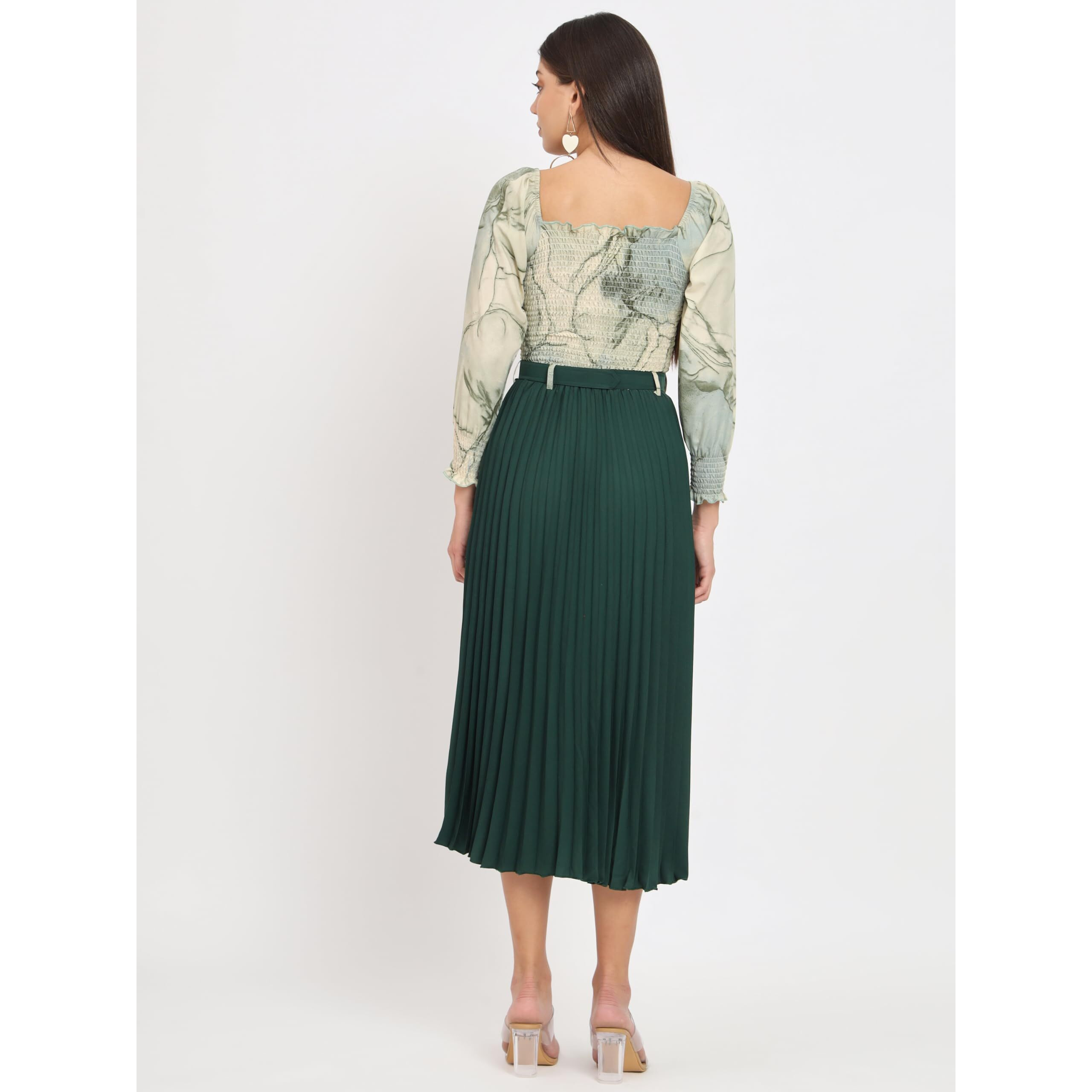 Kzully | Women A-Line Midi Dress With Pleats, Has An Square Neck, Printed Top Comes With A Belt, Mint,Green, Medium