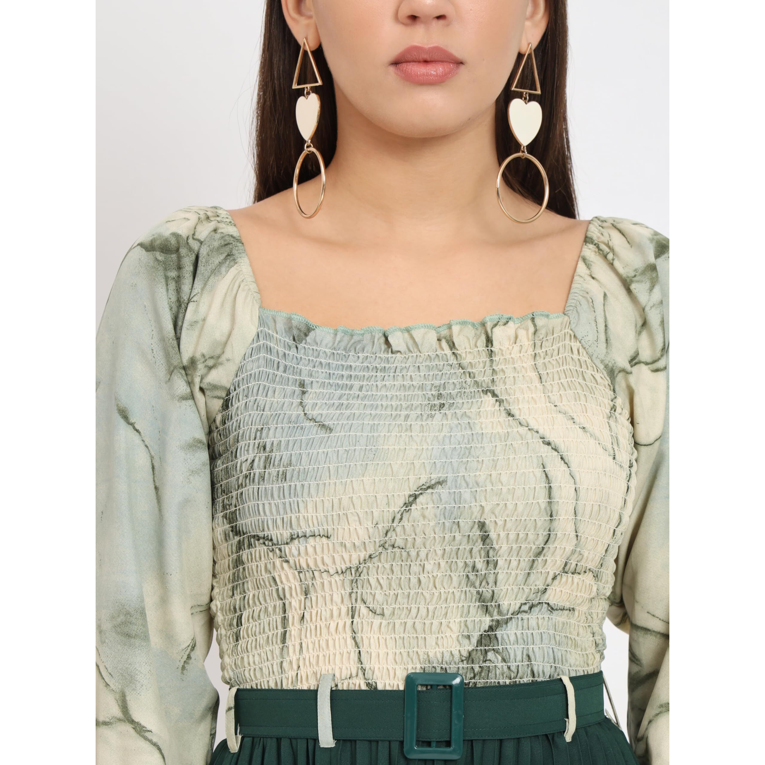 Kzully | Women A-Line Midi Dress With Pleats, Has An Square Neck, Printed Top Comes With A Belt, Mint,Green, Medium