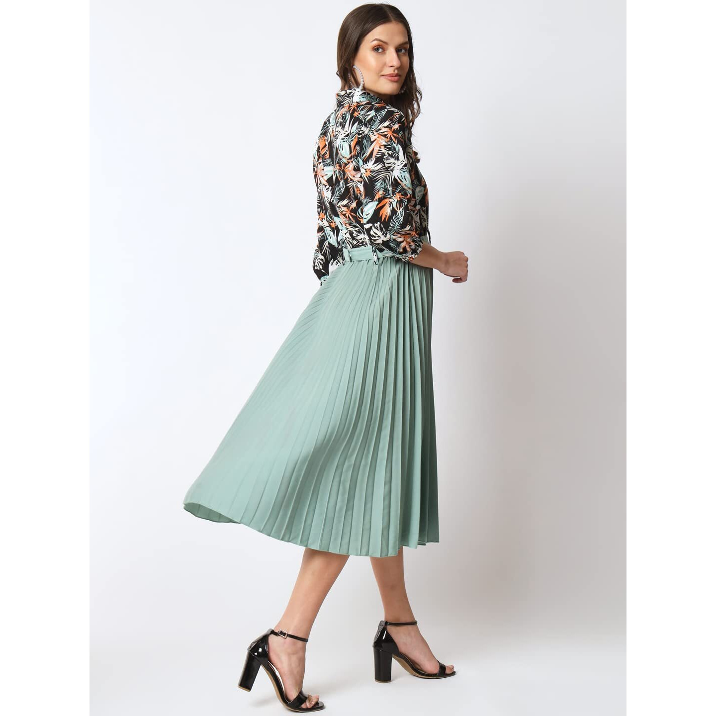 Kzully Women's Print 3/4 Sleeve Pleated Midi Dress With Belt