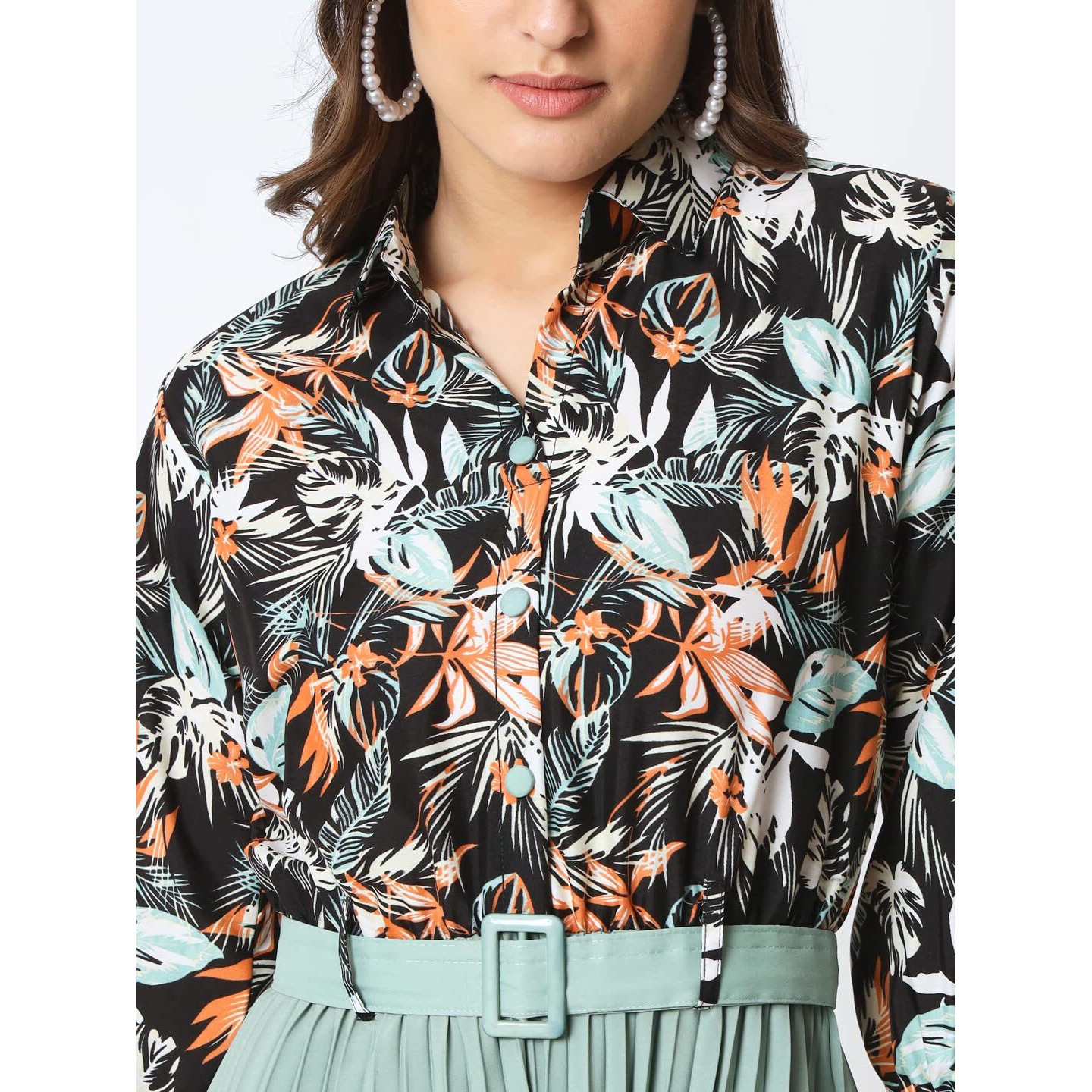 Kzully Women's Print 3/4 Sleeve Pleated Midi Dress With Belt