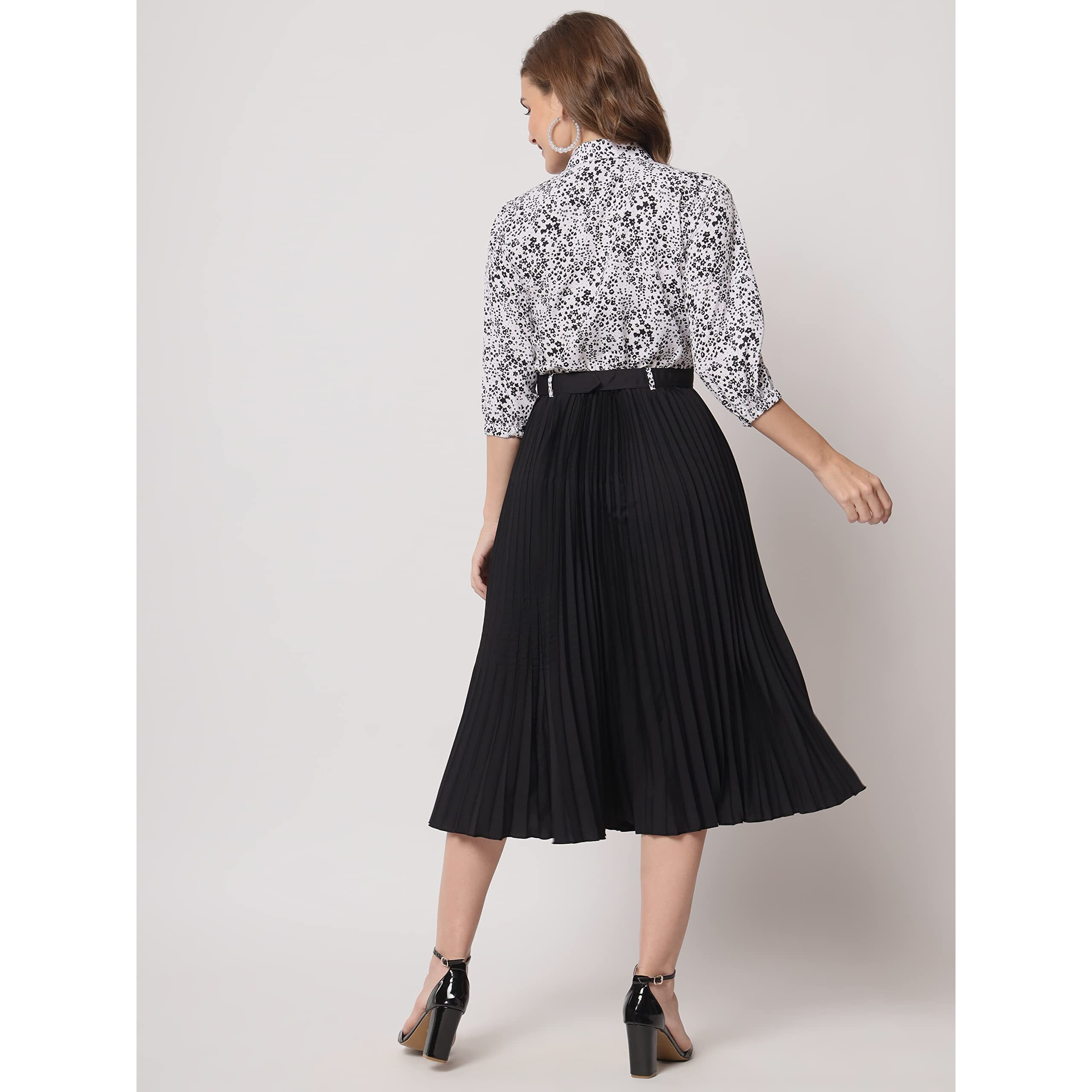 Kzully Women's Print 3/4 Sleeve Pleated Midi Dress With Belt Black