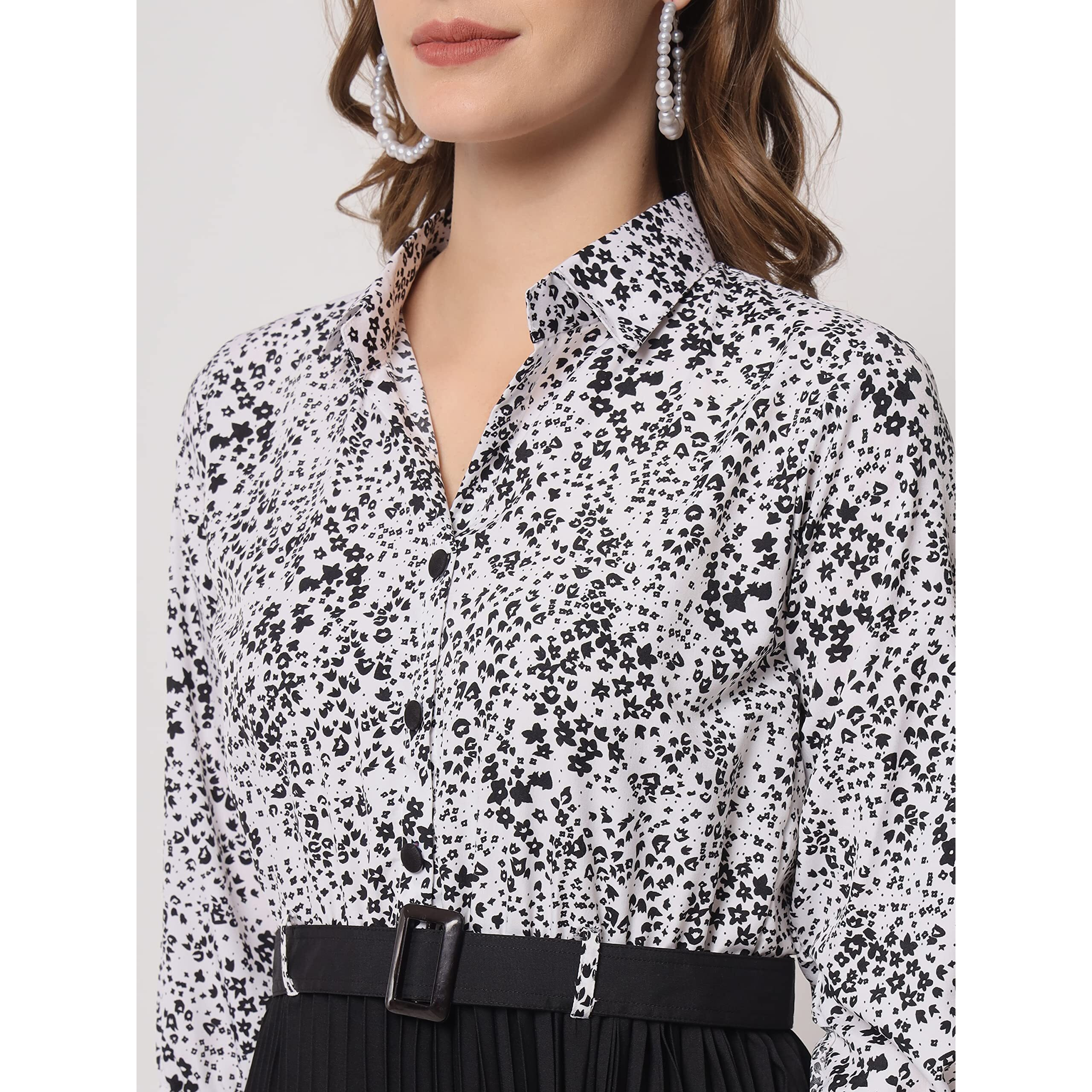 Kzully Women's Print 3/4 Sleeve Pleated Midi Dress With Belt Black