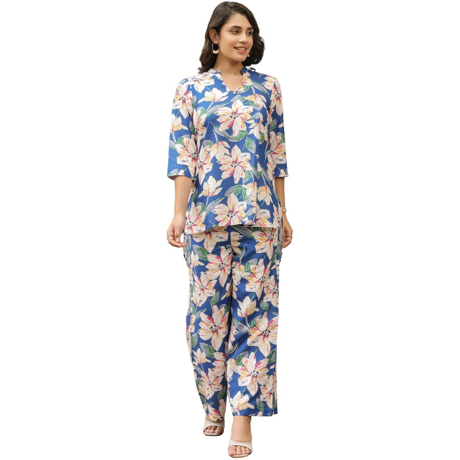 Leriya Fashion Rayon Printed A-Line Front Open Co-Ord Kurta Set For Women (Lf-W2145&Tr1112-M-Blue)