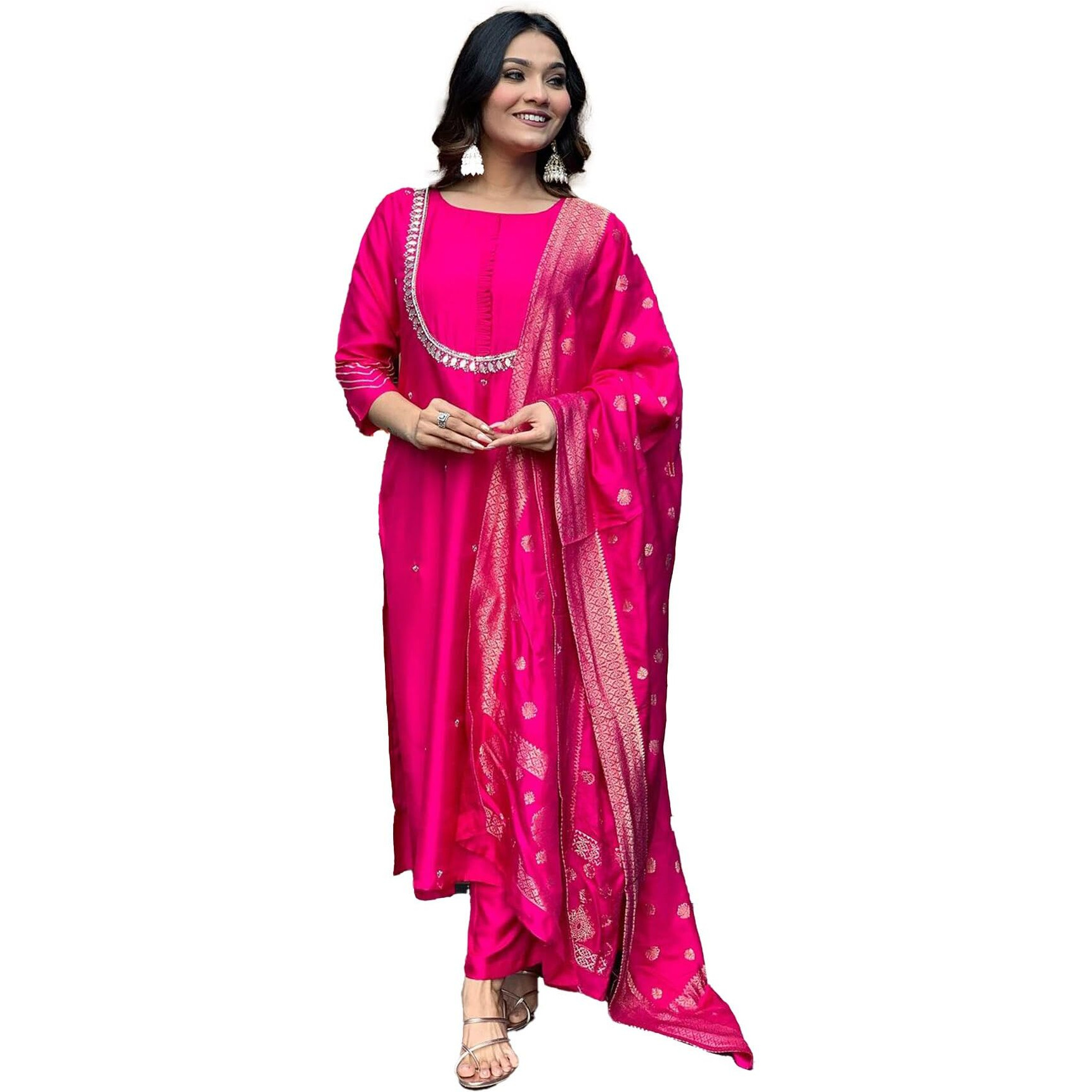 Lookmark Women's Silk Blend Kurta Pant With Jacquard Dupatta Set And Khatali Work Suitable For Every Indian Occasion (Az-Lm-Og-Ks2177 Pink-S)
