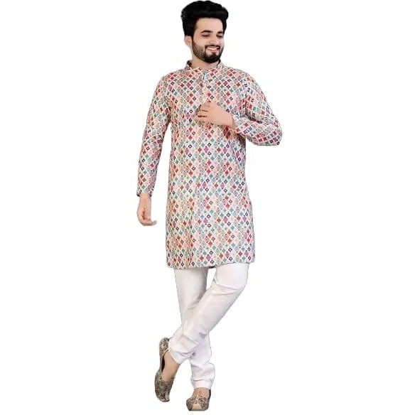 Lookmark Men's Cotton Blend Printed Long Kurta Suitable For All Indian Wedding, Occasions, And Festivals (Az-Lm-Og-Kurta 14-M) Grey