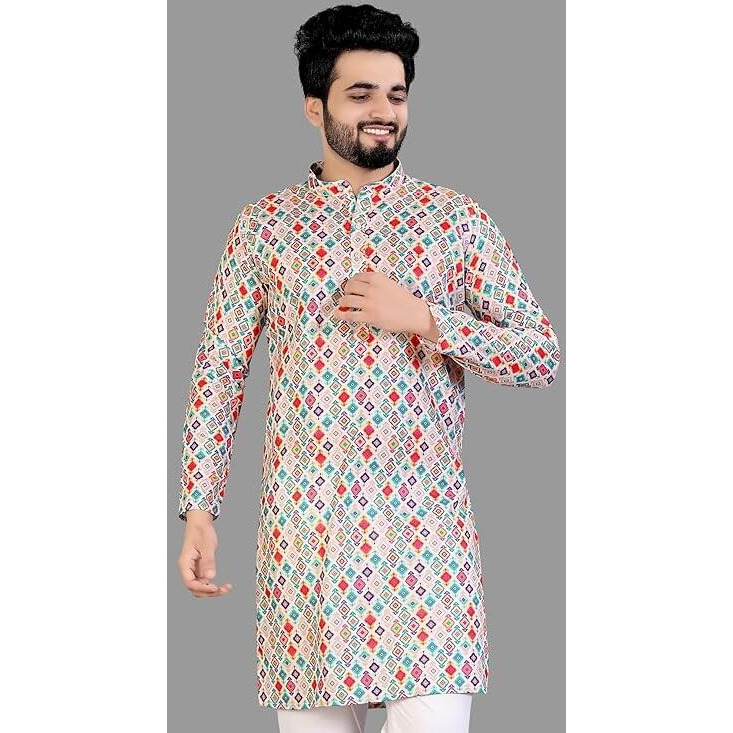 Lookmark Men's Cotton Blend Printed Long Kurta Suitable For All Indian Wedding, Occasions, And Festivals (Az-Lm-Og-Kurta 14-M) Grey