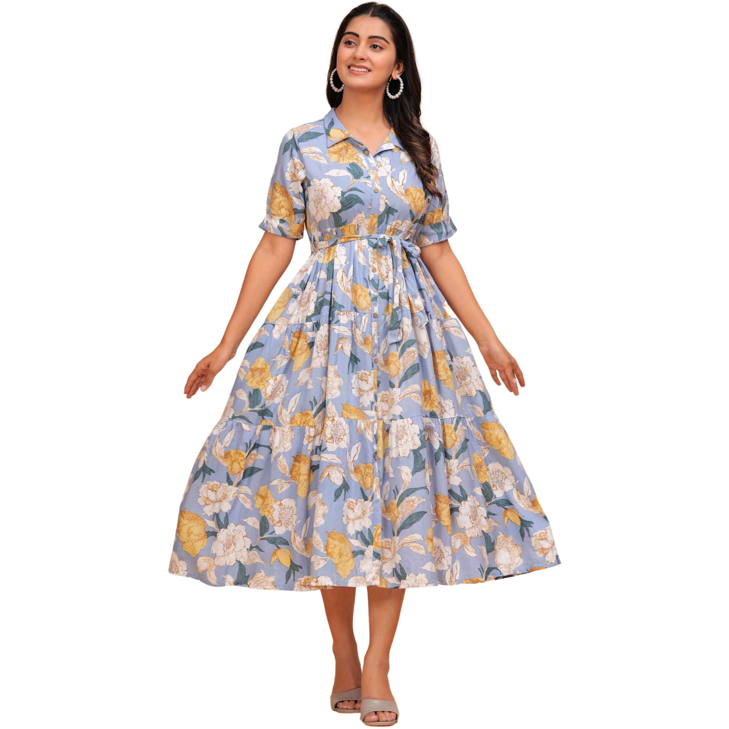 Jikonet Women's Western Dress Floral Printed Cotton Maxi Dress, (Large, Light Blue)