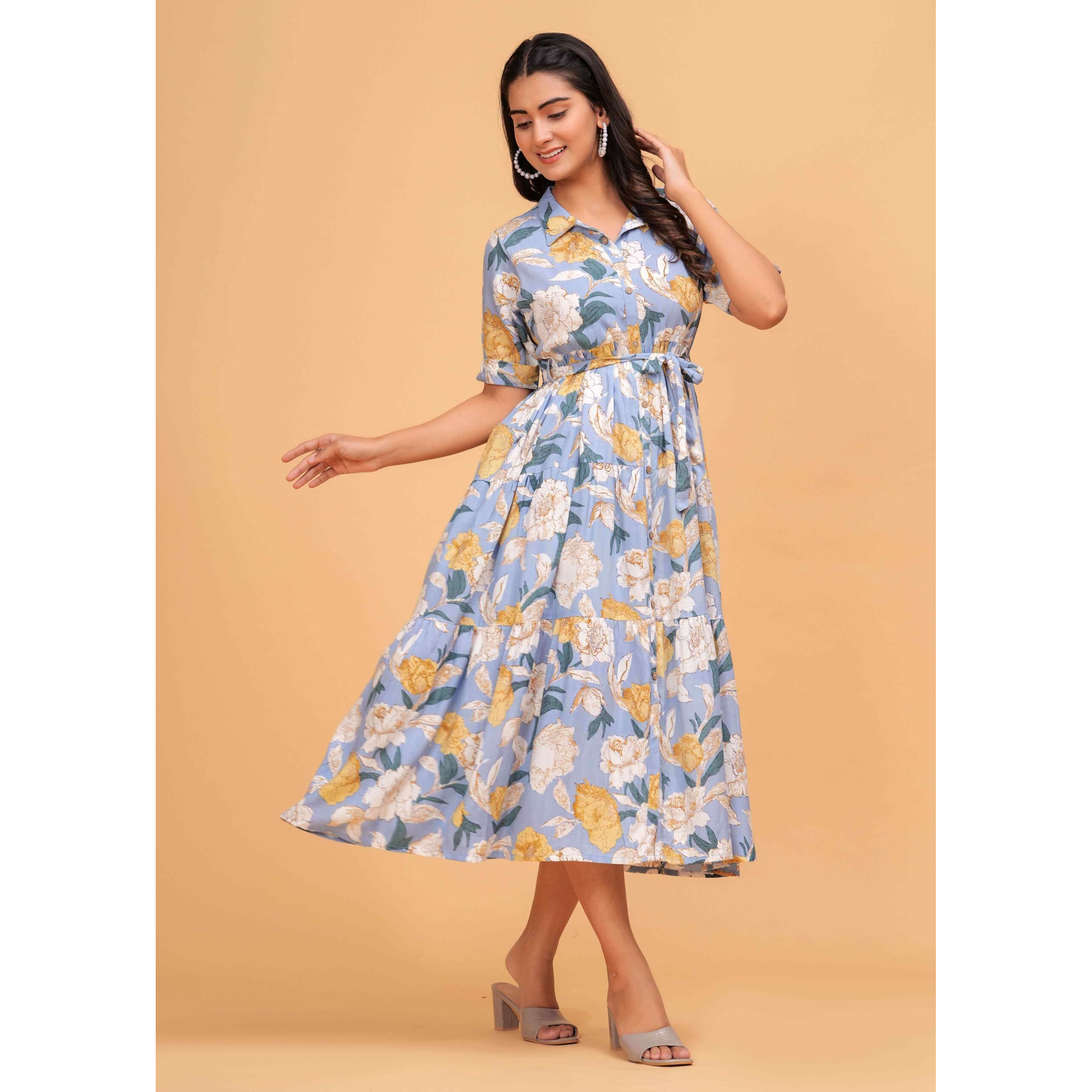 Jikonet Women's Western Dress Floral Printed Cotton Maxi Dress, (Large, Light Blue)