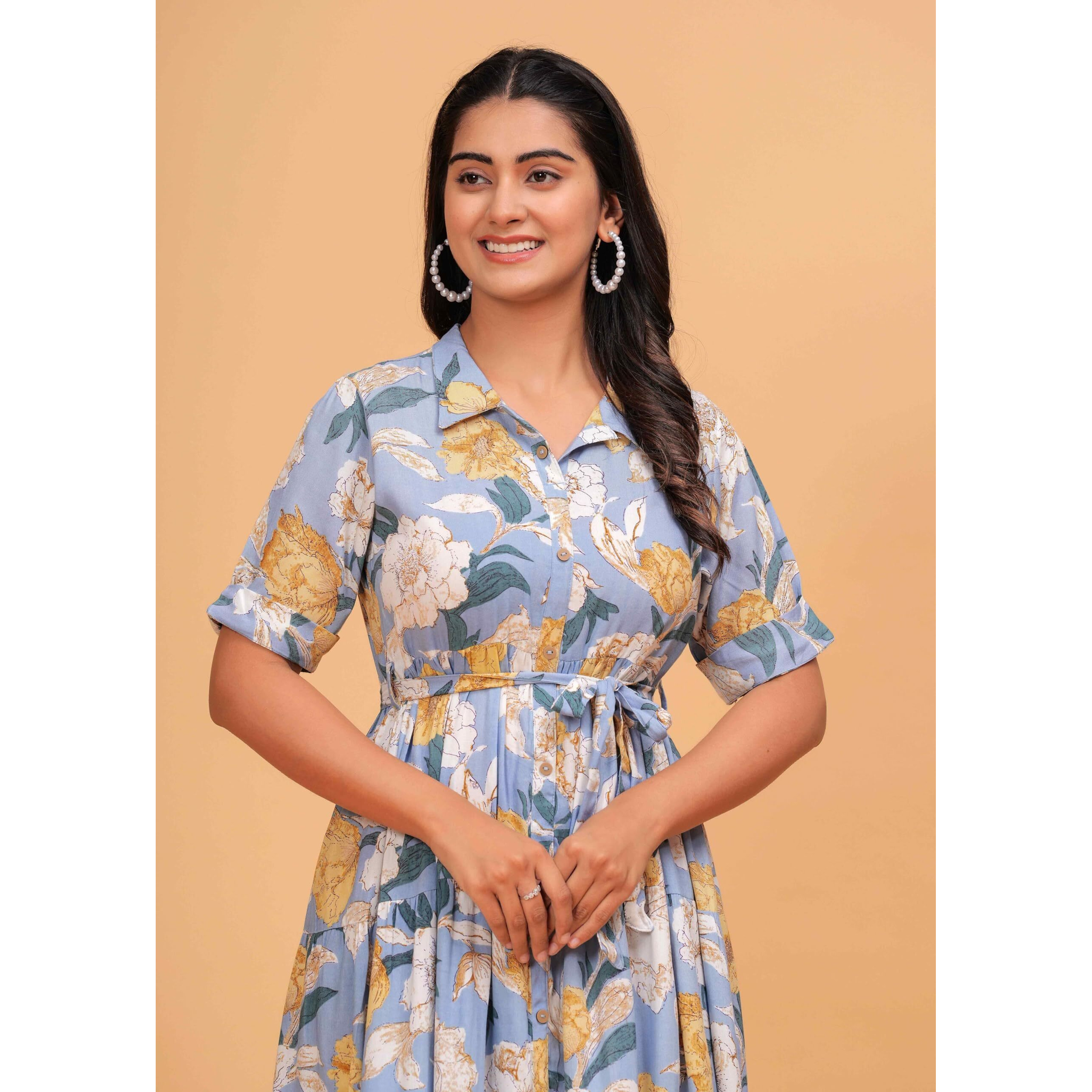 Jikonet Women's Western Dress Floral Printed Cotton Maxi Dress, (Large, Light Blue)