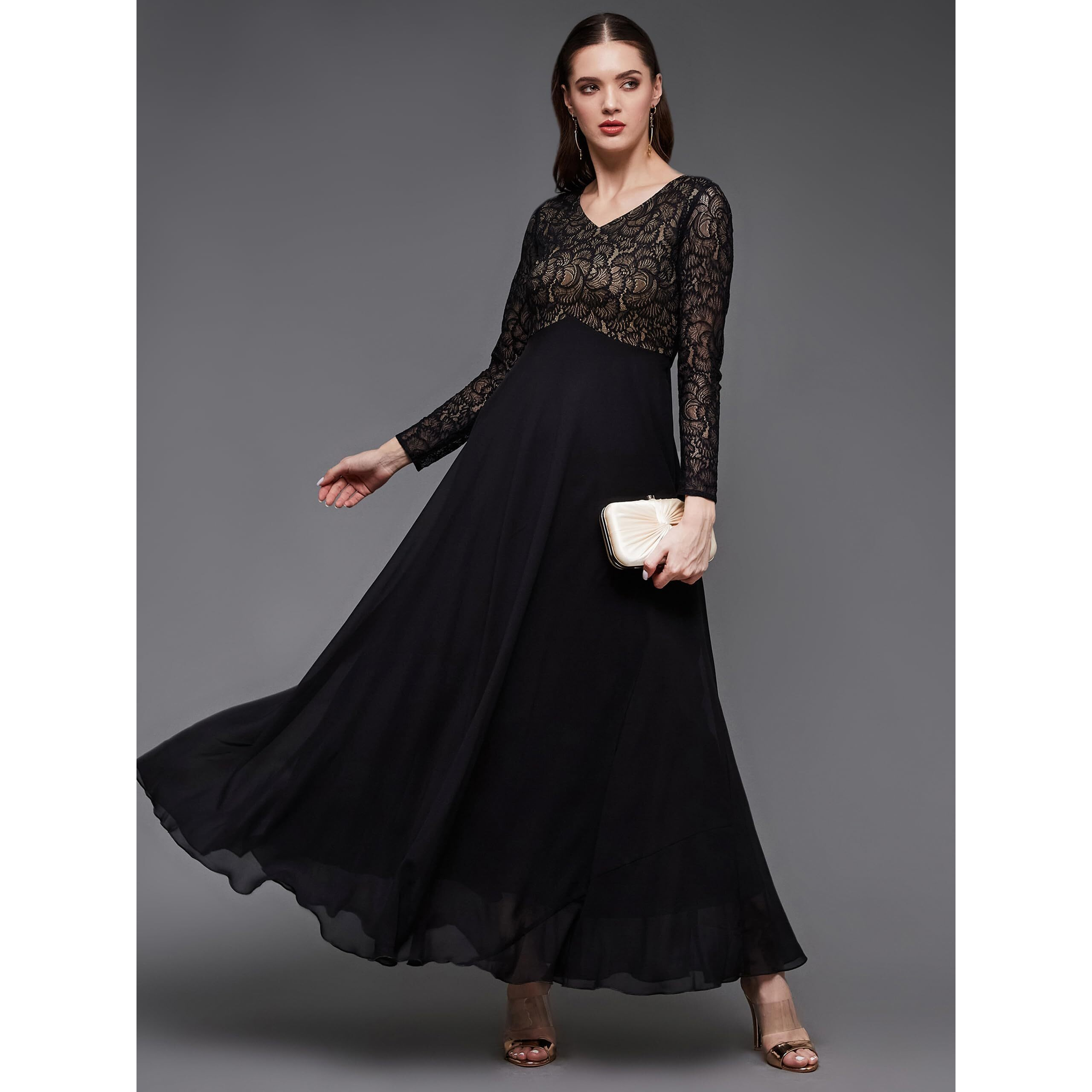 Miss Chase Women's V-Neck Full Sleeve Self Design Lace Overlaid Maxi Dress With Pockets (Plus (Mcaw23D13-85-62-03, Black, S)