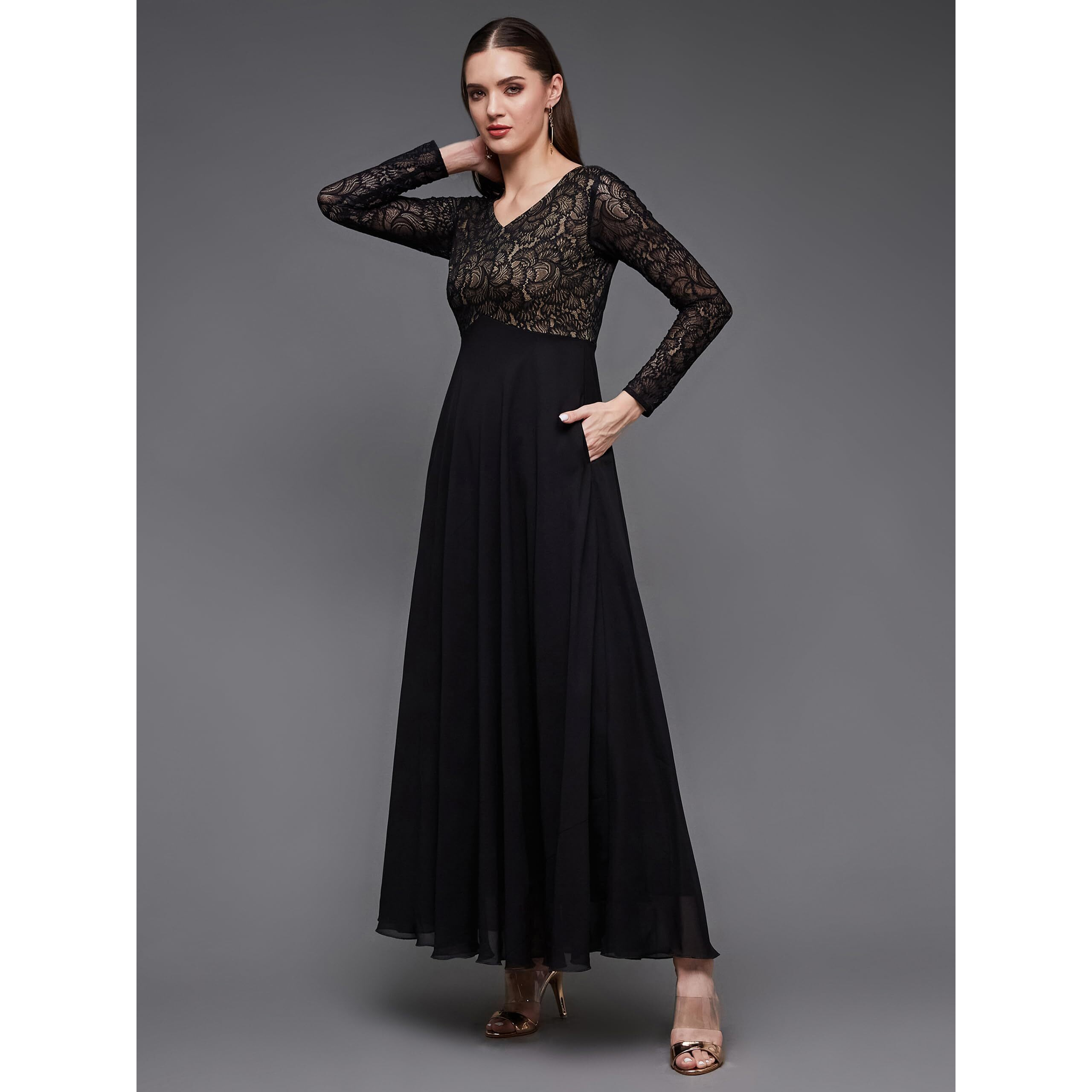 Miss Chase Women's V-Neck Full Sleeve Self Design Lace Overlaid Maxi Dress With Pockets (Plus (Mcaw23D13-85-62-03, Black, S)