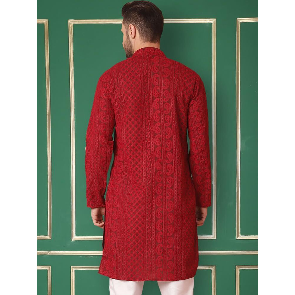 Jompers Men's Maroon Chikankari Embroidered Kurta Only (Maroon, Xl)