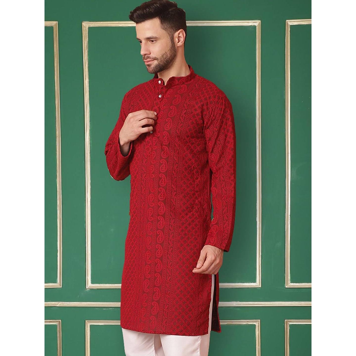 Jompers Men's Maroon Chikankari Embroidered Kurta Only (Maroon, Xl)