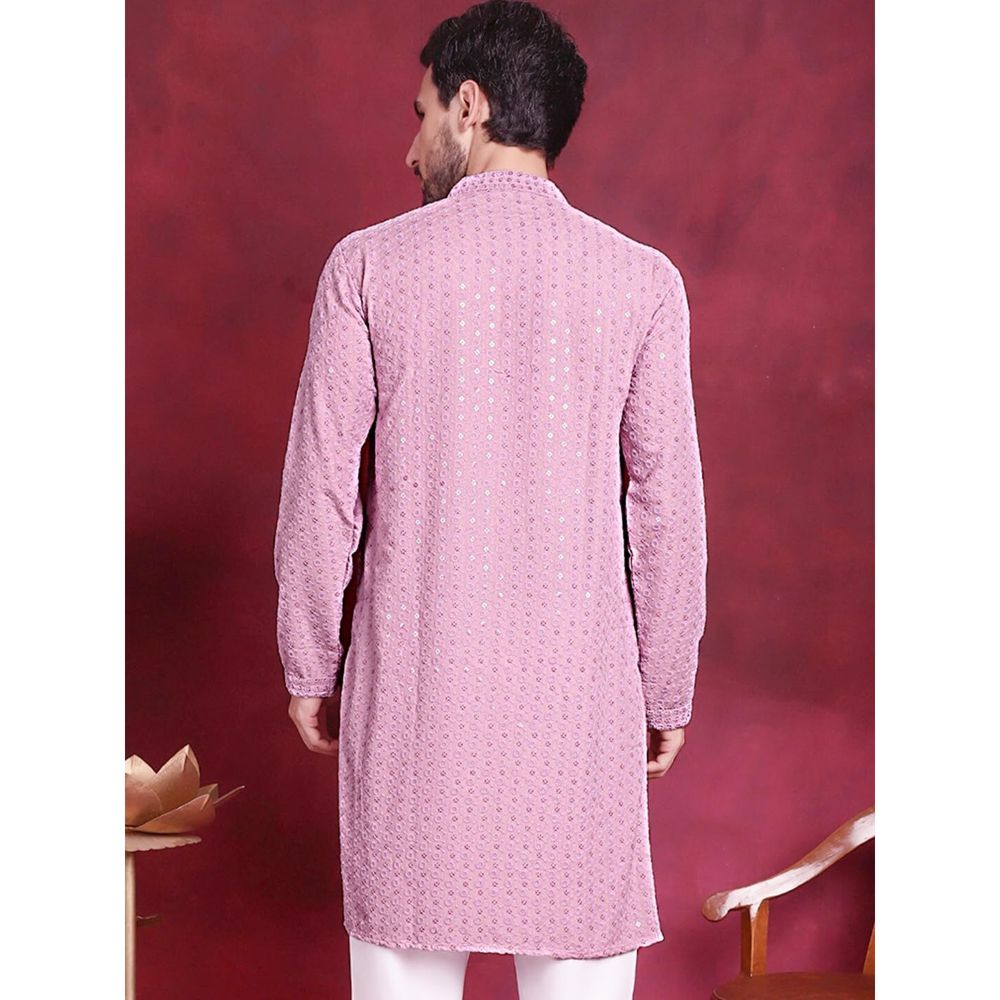 Jompers Light-Purple Chikankari Embroidered And Sequence Kurta For Men (Light-Purple, M,)