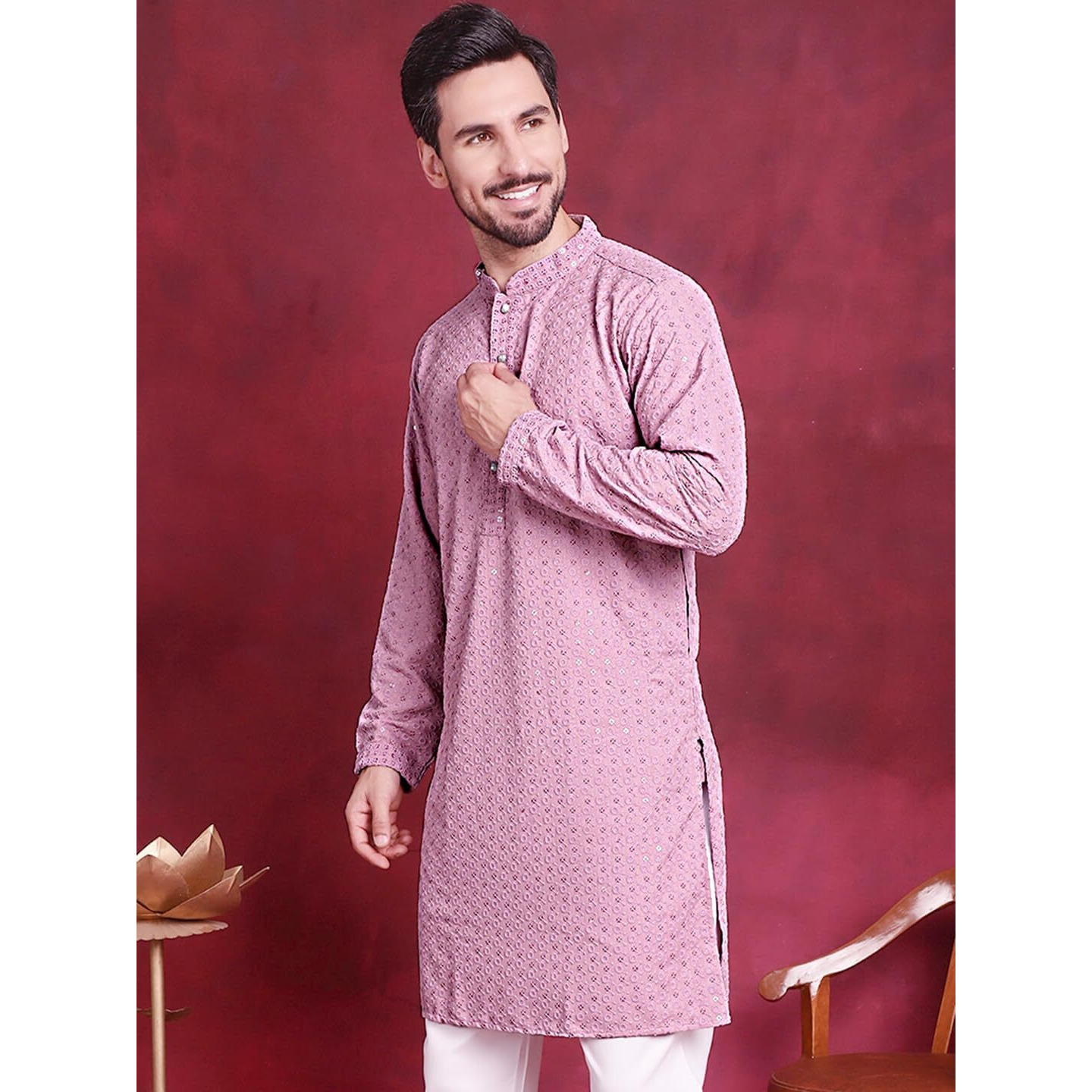 Jompers Light-Purple Chikankari Embroidered And Sequence Kurta For Men (Light-Purple, M,)