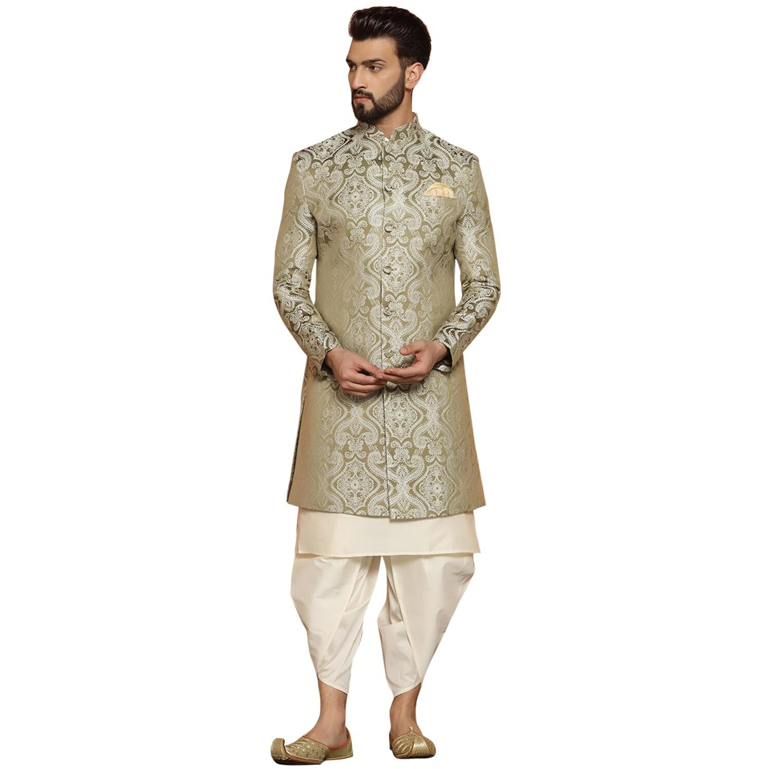 Kisah Men's Ethnic Wear Silk Blend Woven Design Regular Fit Olive-White Kurta Indo-Western Sherwani Set Indo-Western|42