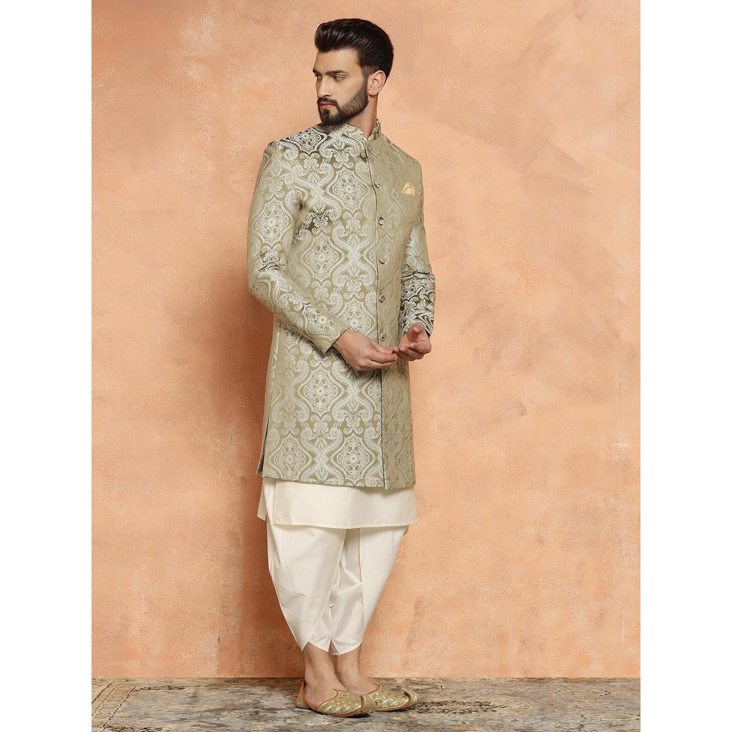 Kisah Men's Ethnic Wear Silk Blend Woven Design Regular Fit Olive-White Kurta Indo-Western Sherwani Set Indo-Western|42