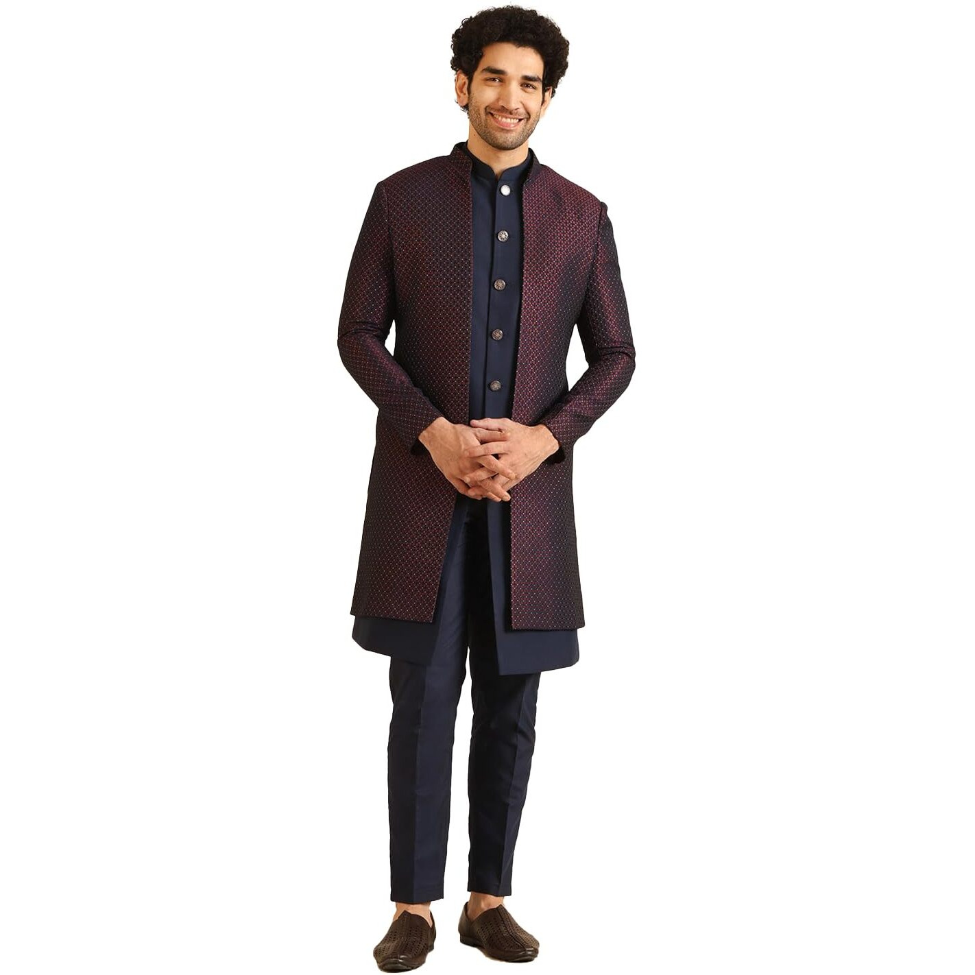 Kisah Jacket Sherwani Set For Men  Woven Design Jacquard Sherwani With Trouser | Ethnic & Formal Indian Outfit For Weddings, Celebrations & Parties, Wine, 38