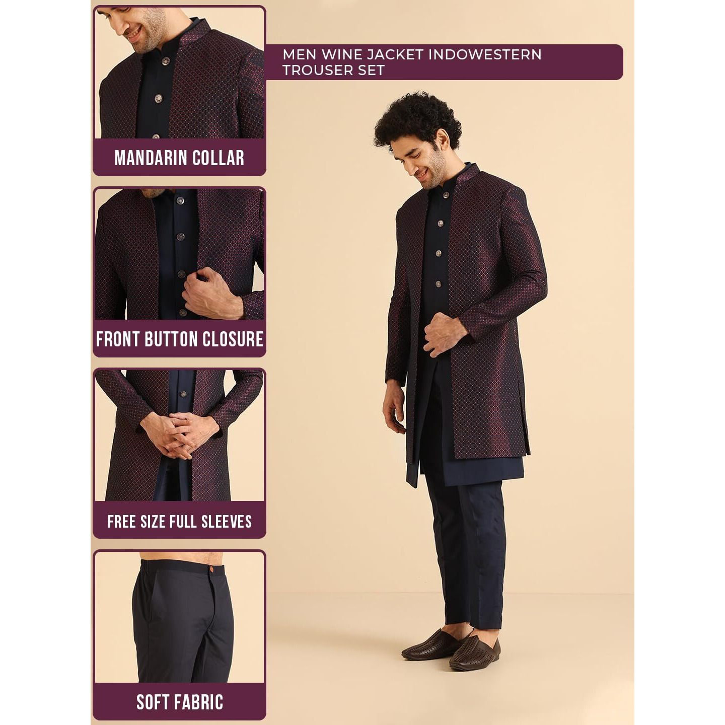 Kisah Jacket Sherwani Set For Men  Woven Design Jacquard Sherwani With Trouser | Ethnic & Formal Indian Outfit For Weddings, Celebrations & Parties, Wine, 38