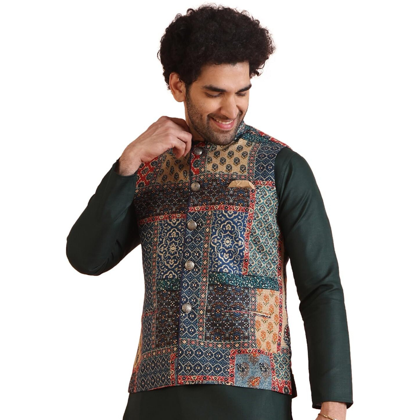 Kisah Men's Ethnic Wear Regular Fit Printed Cotton Blend Multi-Green Nehru Jacket-44