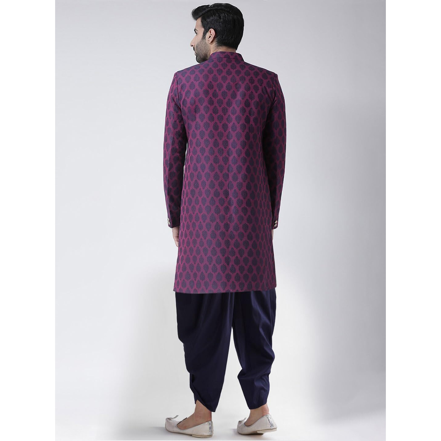 Kisah Men's Indo-Western Sherwani Dhoti Set, Purple Jacquard Woven Regular Fit Mandarin Collar Full Sleeves (M)