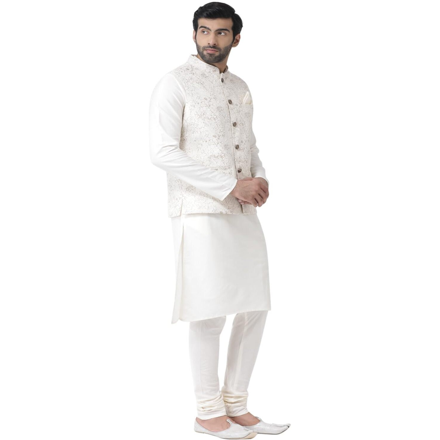 Kisah Men White Kurta With Churidar, Full Sleaves, Knee Length, Straight, Regular Fit, Mandarin Collar Ethnic Wear