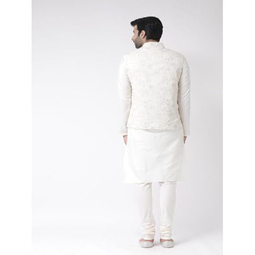 Kisah Men White Kurta With Churidar, Full Sleaves, Knee Length, Straight, Regular Fit, Mandarin Collar Ethnic Wear