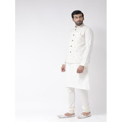 Kisah Men White Kurta With Churidar, Full Sleaves, Knee Length, Straight, Regular Fit, Mandarin Collar Ethnic Wear