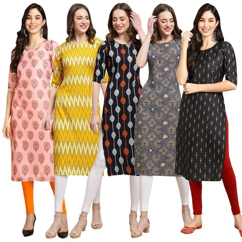 Pinkmint Elegant Printed Crepe Kurti's For Women's (Pack Of 5)