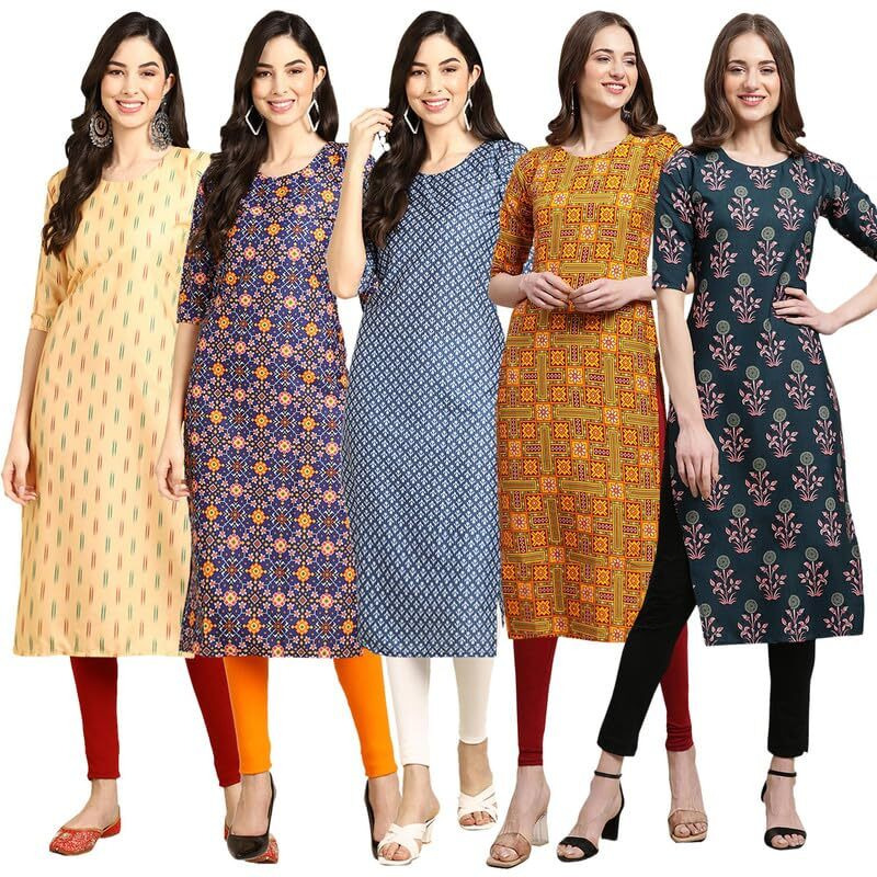 Pinkmint Elegant Printed Crepe Kurti's For Women's (Pack Of 5)