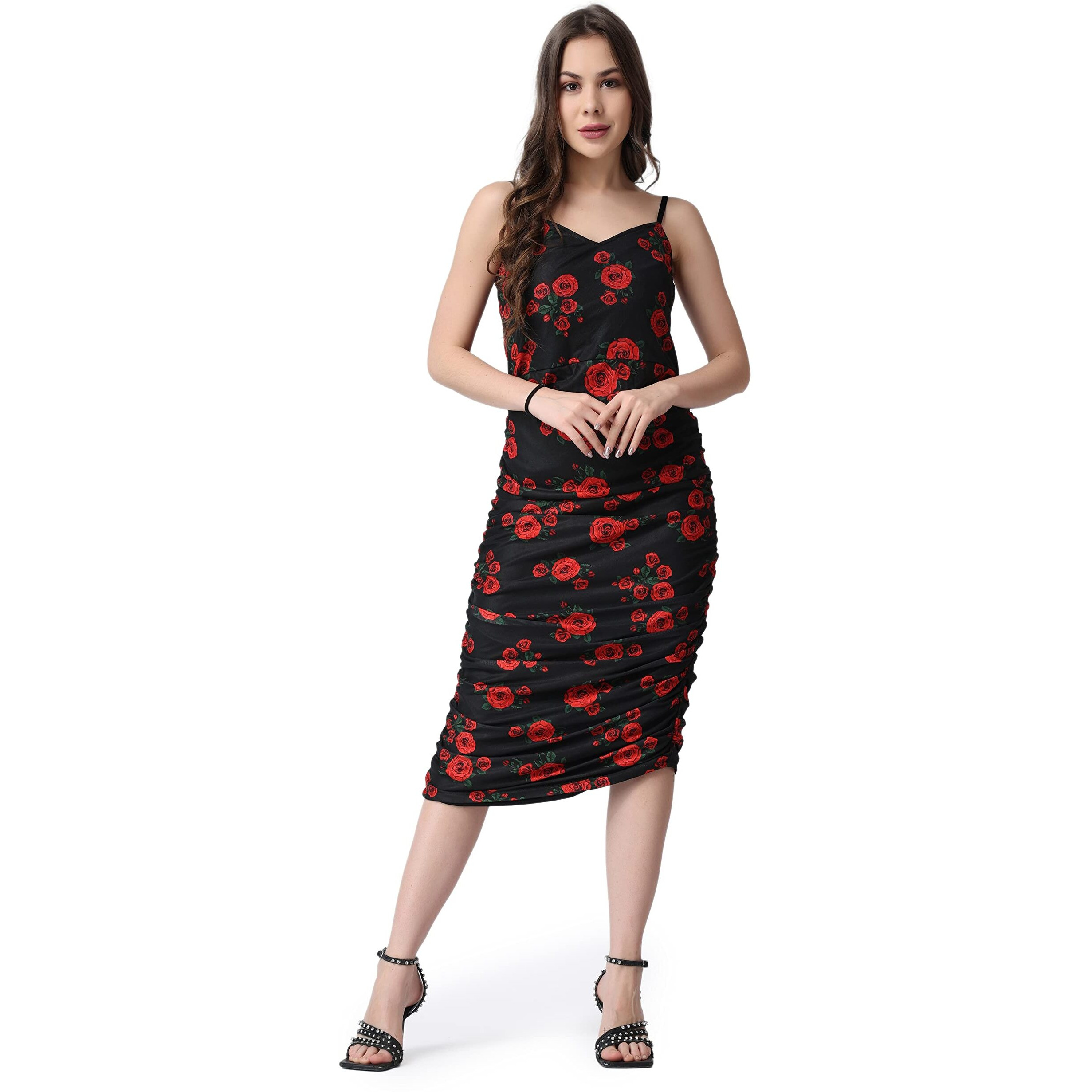 Popwings Polyester Bodycon Midi Women Dress (B0Bn7Rmk9T_Black